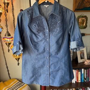Cavalini Denim Lace Blouse M Romantic Western Boho Button Up‎ Top